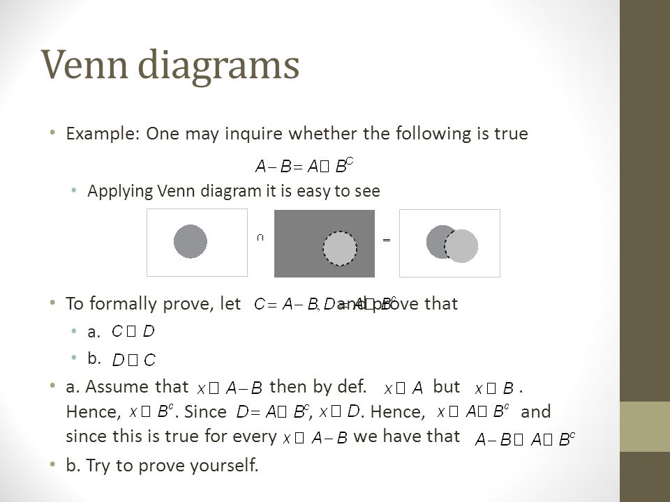 Venn diagrams Example: One may inquire whether the following is true Applying Venn diagram it is easy to see To formally prove, let and prove that a.