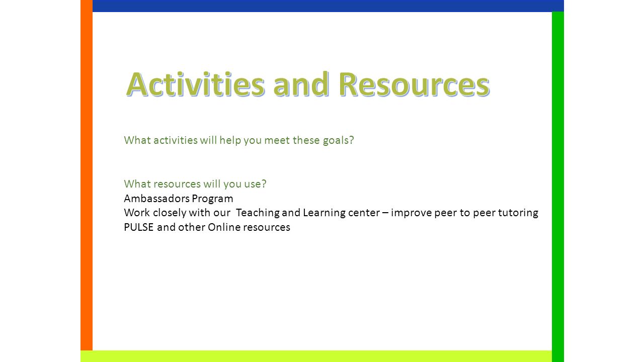 What activities will help you meet these goals. What resources will you use.