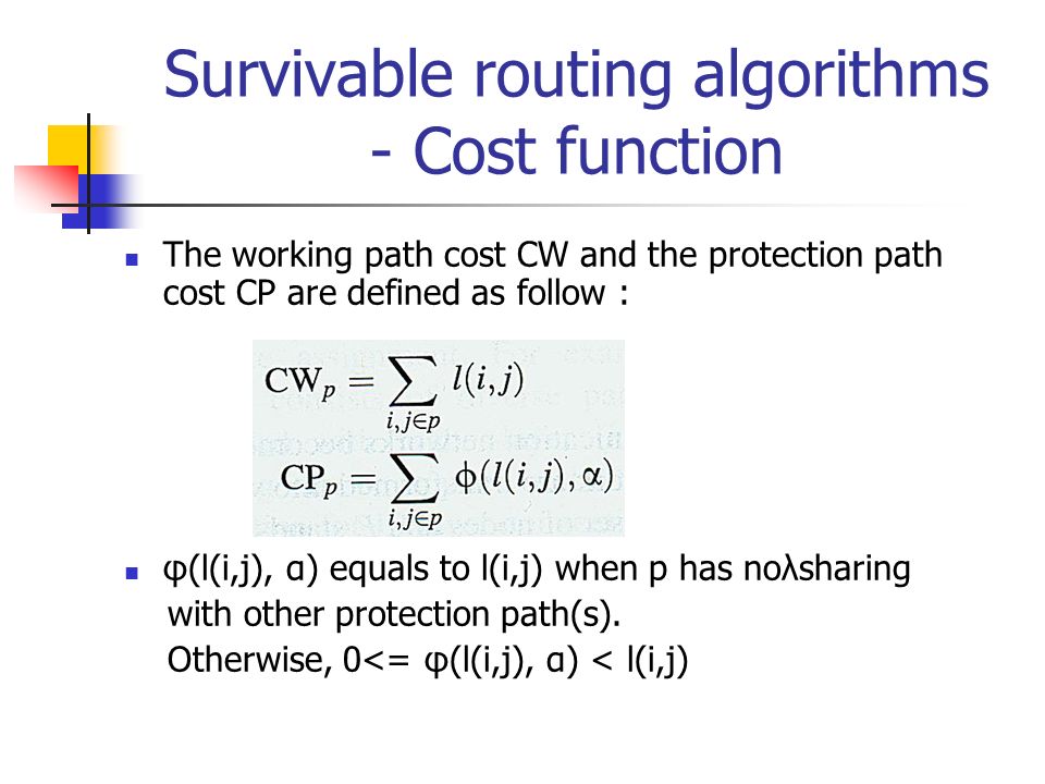 Survivable routing algorithms - Cost function The working path cost CW and the protection path cost CP are defined as follow : φ(l(i,j), α) equals to l(i,j) when p has noλsharing with other protection path(s).