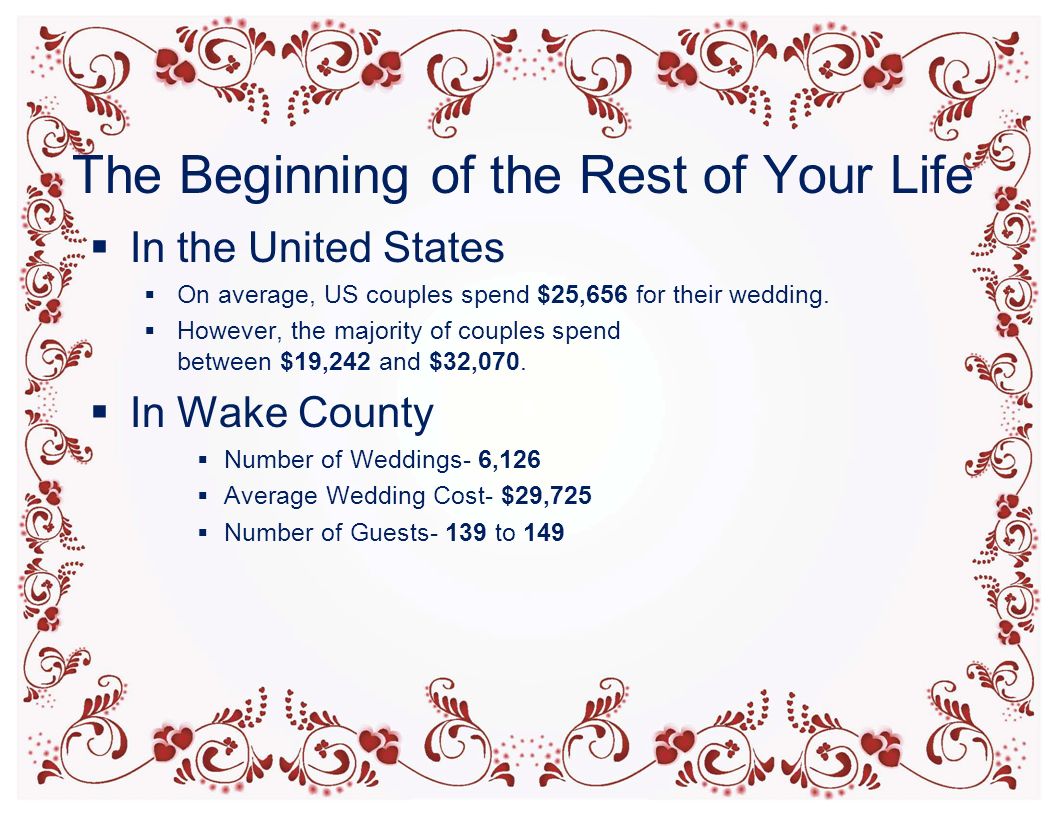 The Beginning of the Rest of Your Life  In the United States  On average, US couples spend $25,656 for their wedding.