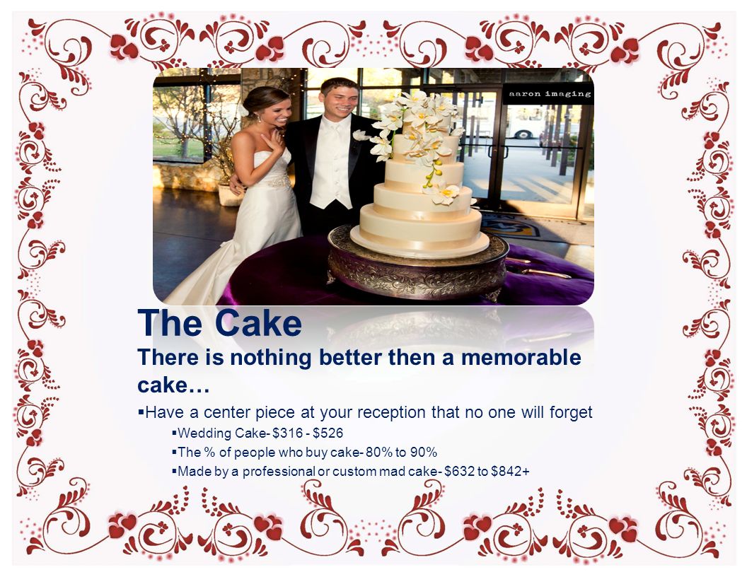 The Cake There is nothing better then a memorable cake…  Have a center piece at your reception that no one will forget  Wedding Cake- $316 - $526  The % of people who buy cake- 80% to 90%  Made by a professional or custom mad cake- $632 to $842+