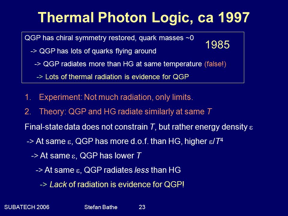 SUBATECH 2006Stefan Bathe 23 Thermal Photon Logic, ca 1997 QGP has chiral symmetry restored, quark masses ~0 -> QGP has lots of quarks flying around -> QGP radiates more than HG at same temperature (false!) -> Lots of thermal radiation is evidence for QGP