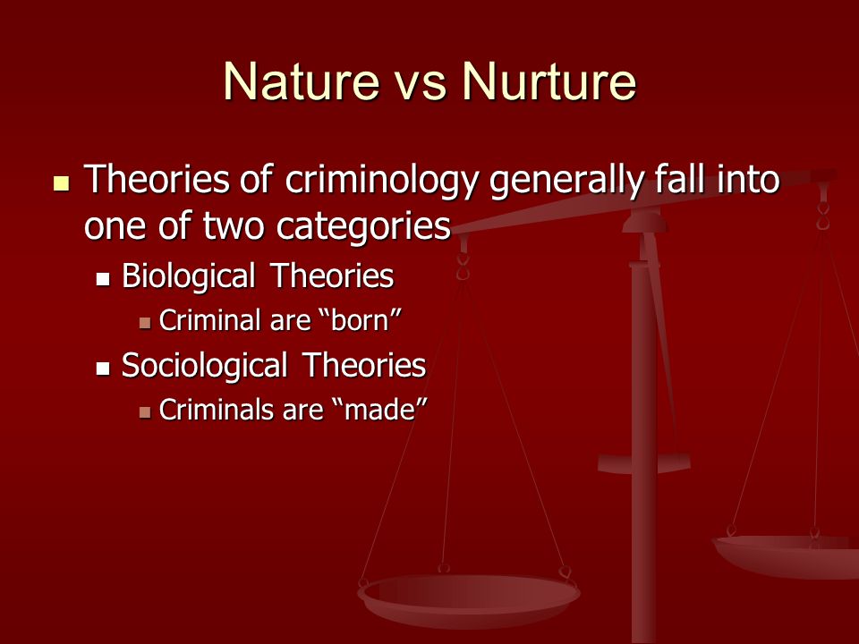 Contemporary Criminology CLN4U. Nature vs Nurture Theories of criminology  generally fall into one of two categories Theories of criminology  generally. - ppt download