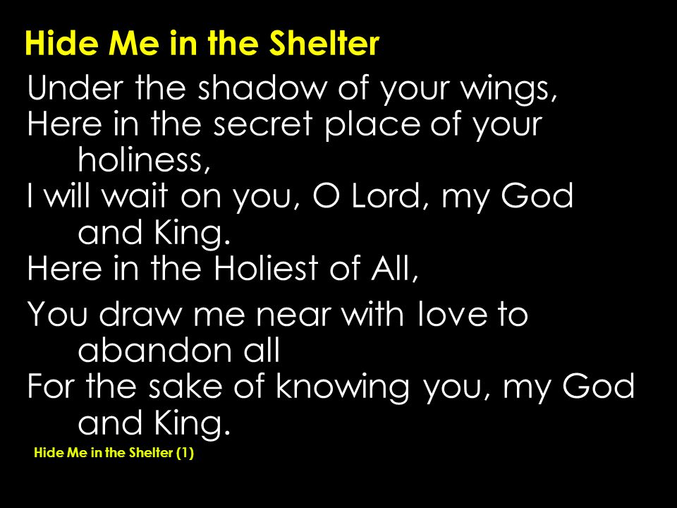 Hide Me in the Shelter Under the shadow of your wings, Here in the secret place of your holiness, I will wait on you, O Lord, my God and King.