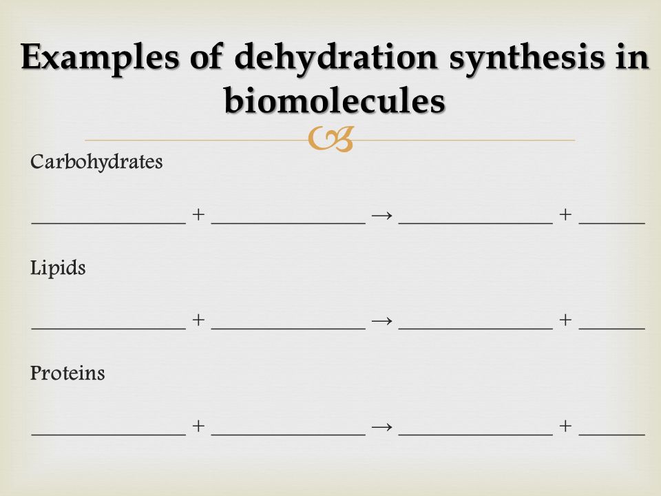  Carbohydrates ______________ + ______________ → ______________ + ______ Lipids ______________ + ______________ → ______________ + ______ Proteins ______________ + ______________ → ______________ + ______ Examples of dehydration synthesis in biomolecules