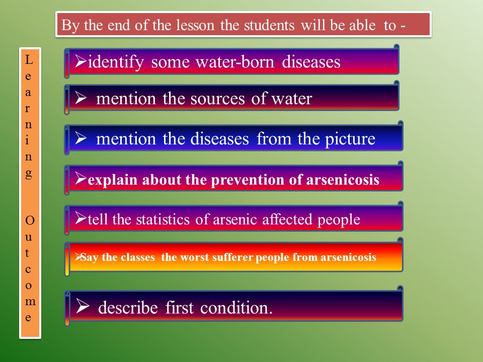 By the end of the lesson the students will be able to -  identify some water-born diseases  tell the statistics of arsenic affected people  explain about the prevention of arsenicosis  describe first condition.
