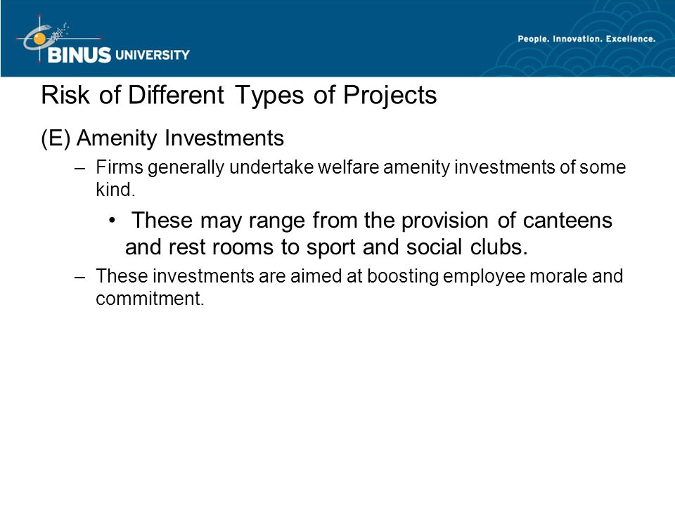 Risk of Different Types of Projects (E) Amenity Investments –Firms generally undertake welfare amenity investments of some kind.