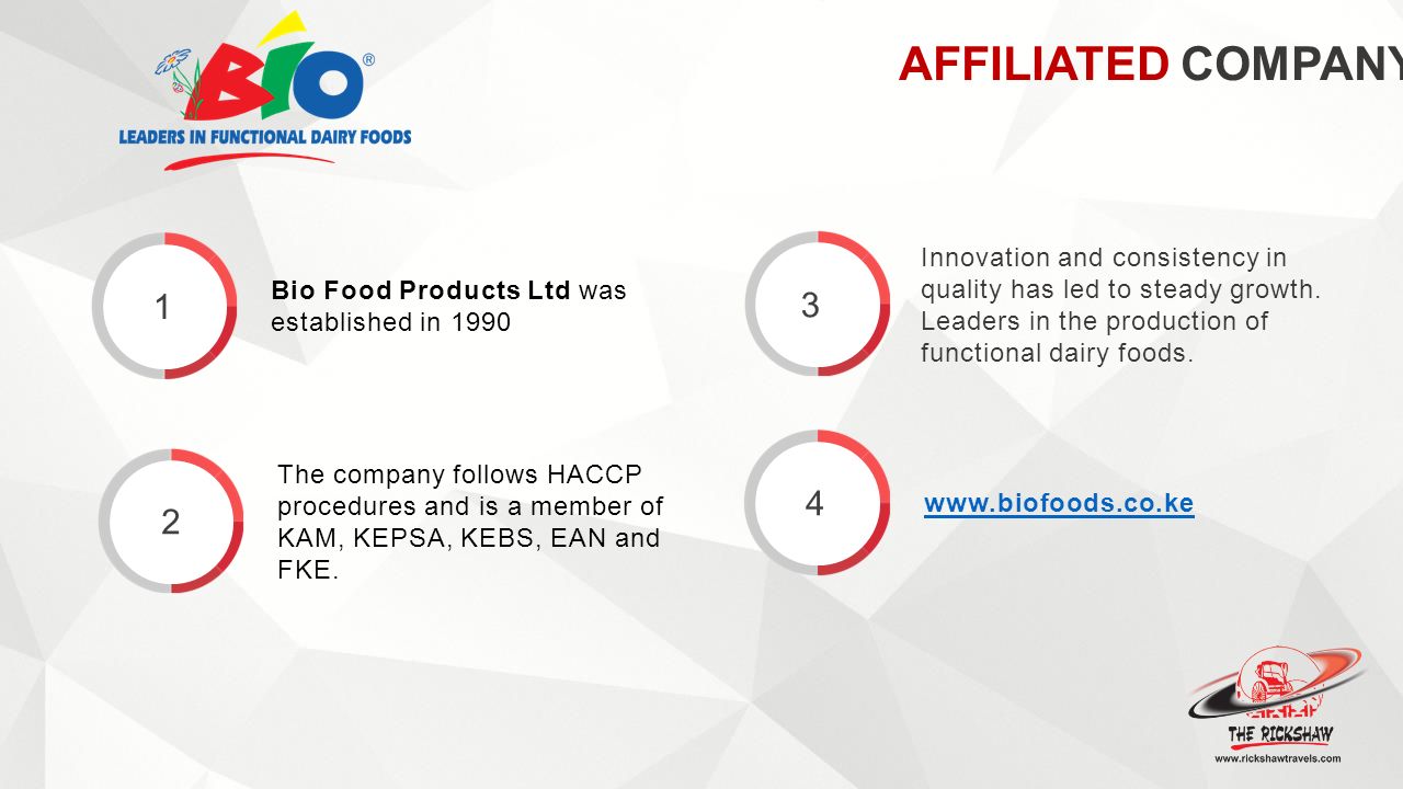 AFFILIATED COMPANY 1 Bio Food Products Ltd was established in The company follows HACCP procedures and is a member of KAM, KEPSA, KEBS, EAN and FKE.
