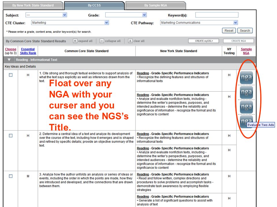 Successful Practices Network   Float over any NGA with your curser and you can see the NGS’s Title.