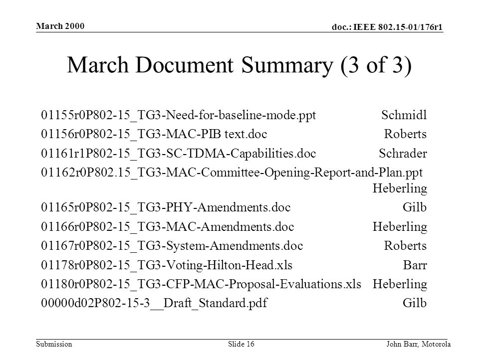 doc.: IEEE /176r1 Submission March 2000 John Barr, MotorolaSlide 16 March Document Summary (3 of 3) 01155r0P802-15_TG3-Need-for-baseline-mode.pptSchmidl 01156r0P802-15_TG3-MAC-PIB text.docRoberts 01161r1P802-15_TG3-SC-TDMA-Capabilities.docSchrader 01162r0P802.15_TG3-MAC-Committee-Opening-Report-and-Plan.ppt Heberling 01165r0P802-15_TG3-PHY-Amendments.docGilb 01166r0P802-15_TG3-MAC-Amendments.docHeberling 01167r0P802-15_TG3-System-Amendments.docRoberts 01178r0P802-15_TG3-Voting-Hilton-Head.xlsBarr 01180r0P802-15_TG3-CFP-MAC-Proposal-Evaluations.xlsHeberling 00000d02P __Draft_Standard.pdfGilb