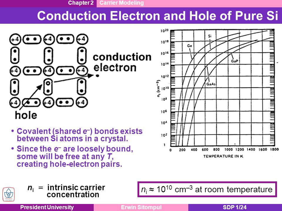 President UniversityErwin SitompulSDP 1/24 Chapter 2Carrier Modeling Conduction Electron and Hole of Pure Si n i = intrinsic carrier concentration n i ≈ cm –3 at room temperature Covalent (shared e – ) bonds exists between Si atoms in a crystal.