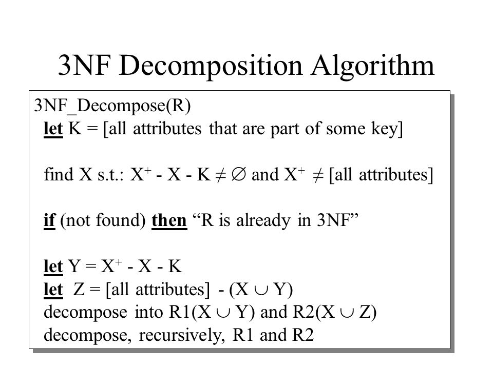 35 3NF Decomposition Algorithm 3NF_Decompose(R) let K = [all attributes that are part of some key] find X s.t.: X + - X - K ≠  and X + ≠ [all attributes] if (not found) then R is already in 3NF let Y = X + - X - K let Z = [all attributes] - (X  Y) decompose into R1(X  Y) and R2(X  Z) decompose, recursively, R1 and R2 3NF_Decompose(R) let K = [all attributes that are part of some key] find X s.t.: X + - X - K ≠  and X + ≠ [all attributes] if (not found) then R is already in 3NF let Y = X + - X - K let Z = [all attributes] - (X  Y) decompose into R1(X  Y) and R2(X  Z) decompose, recursively, R1 and R2
