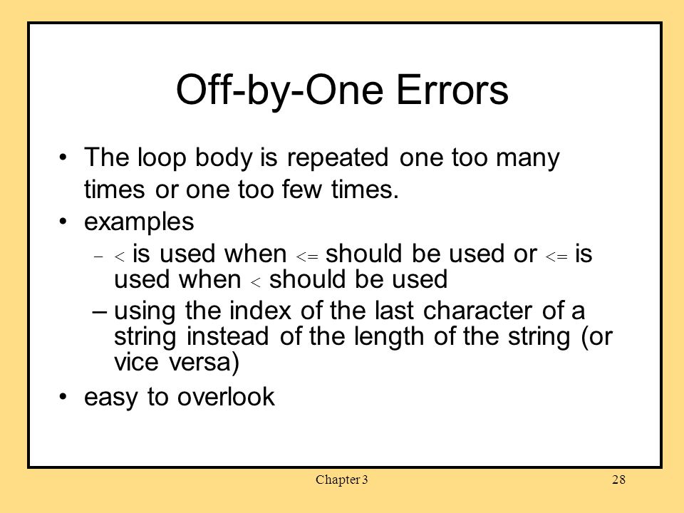 Chapter 328 Off-by-One Errors The loop body is repeated one too many times or one too few times.