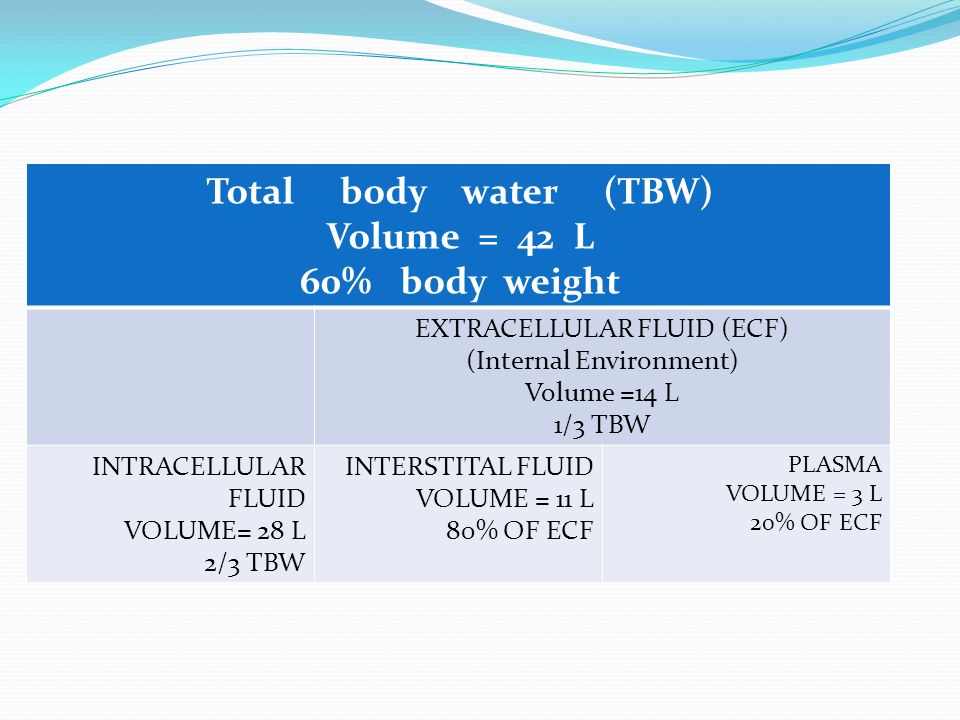 Total body water (TBW) Volume = 42 L 60% body weight EXTRACELLULAR FLUID  (ECF) (Internal Environment) Volume =14 L 1/3 TBW PLASMA VOLUME = 3 L 20%  OF. - ppt download