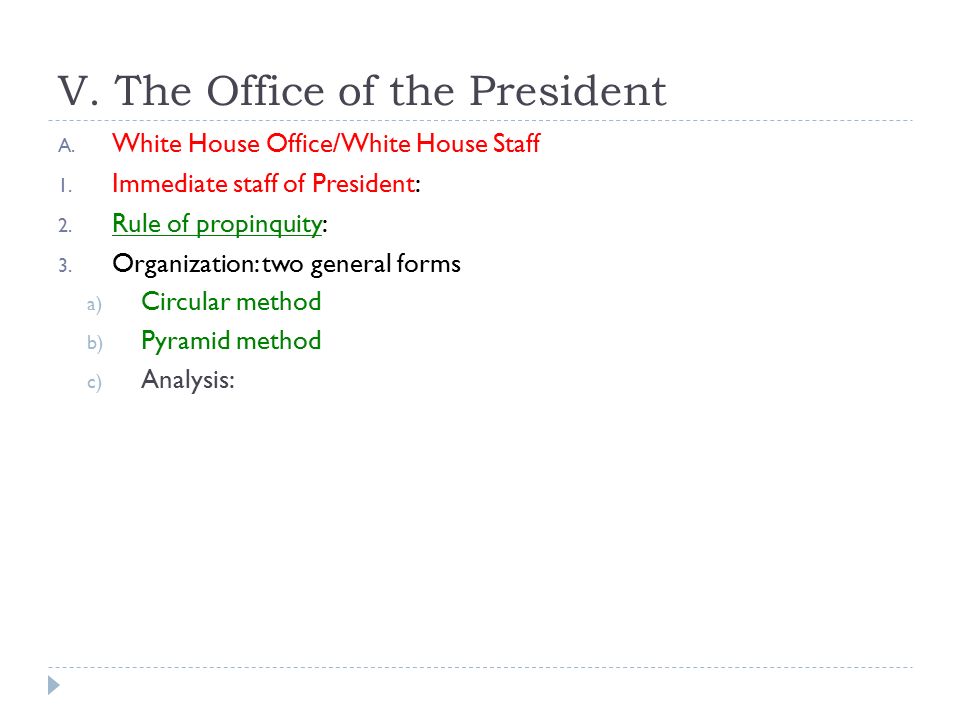 V. The Office of the President A. White House Office/White House Staff 1.
