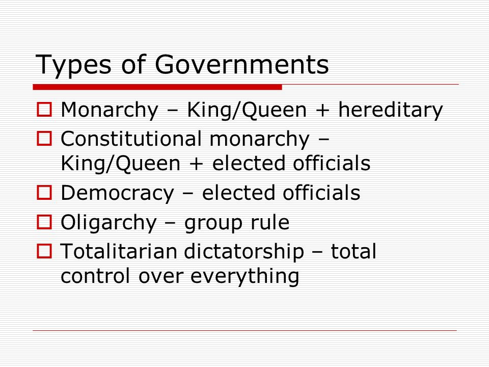 Civics Learning Target Review. Types of Governments Monarchy – King ...