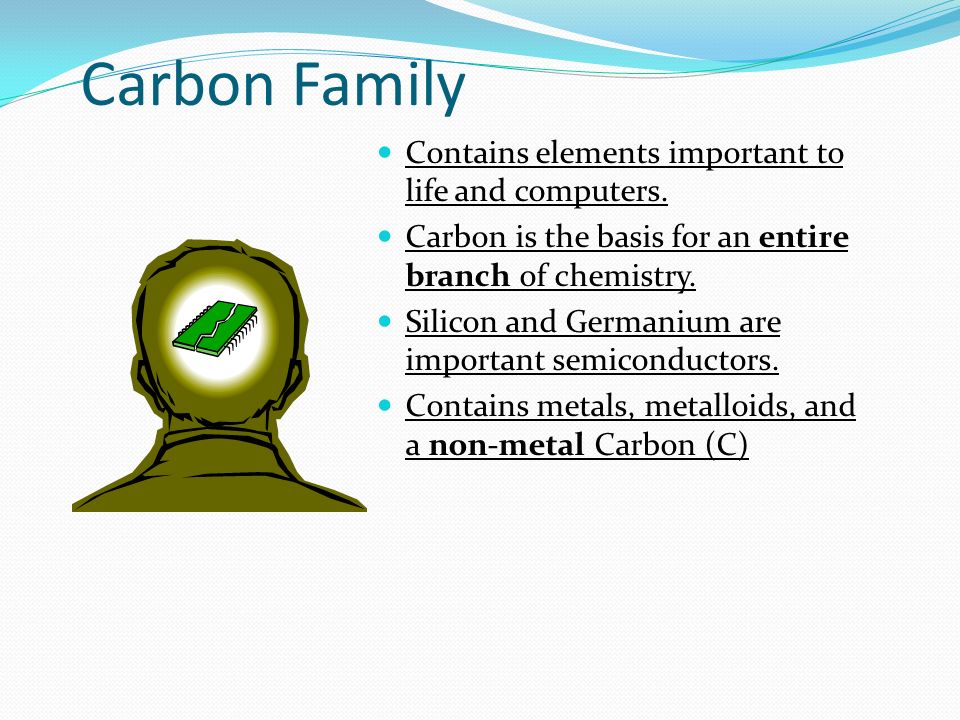 Carbon Family Contains elements important to life and computers.