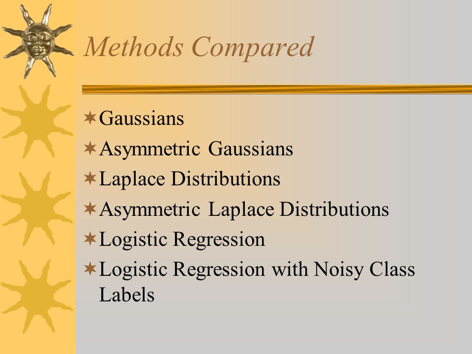 Methods Compared  Gaussians  Asymmetric Gaussians  Laplace Distributions  Asymmetric Laplace Distributions  Logistic Regression  Logistic Regression with Noisy Class Labels