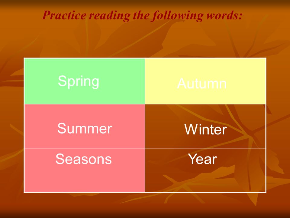 Practice reading the following words: Seasons Year Spring Summer Autumn Winter