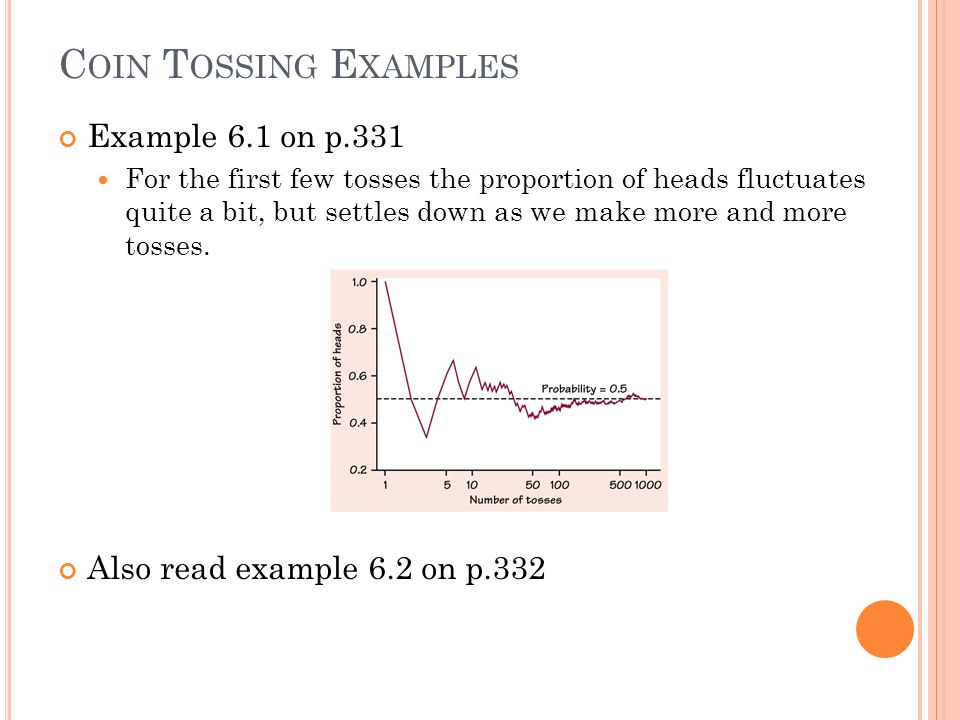C OIN T OSSING E XAMPLES Example 6.1 on p.331 For the first few tosses the proportion of heads fluctuates quite a bit, but settles down as we make more and more tosses.
