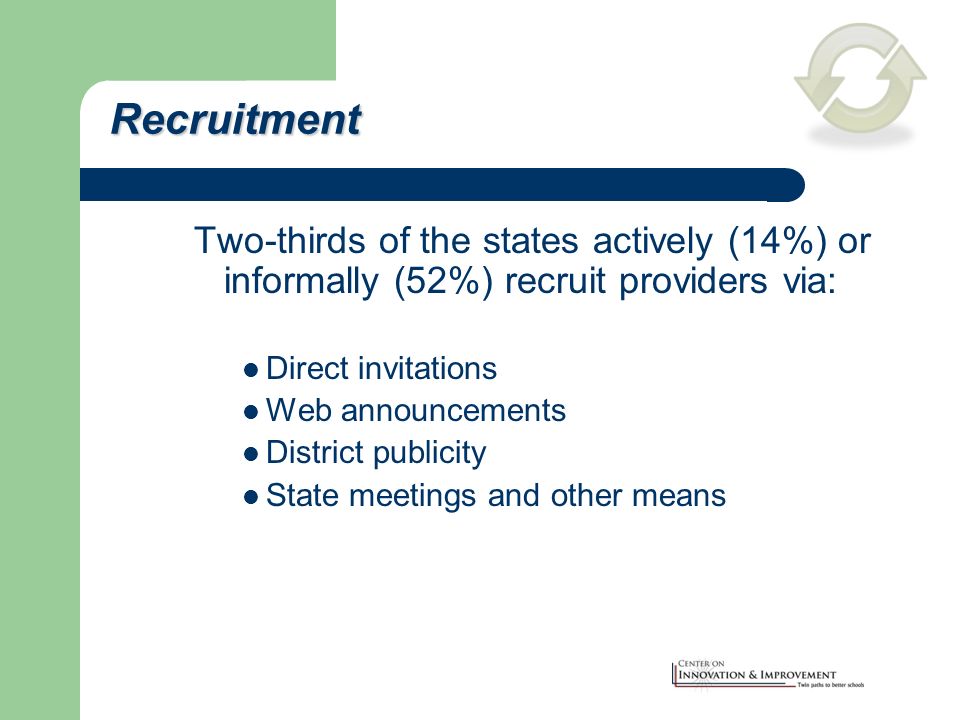 Recruitment Two-thirds of the states actively (14%) or informally (52%) recruit providers via: Direct invitations Web announcements District publicity State meetings and other means