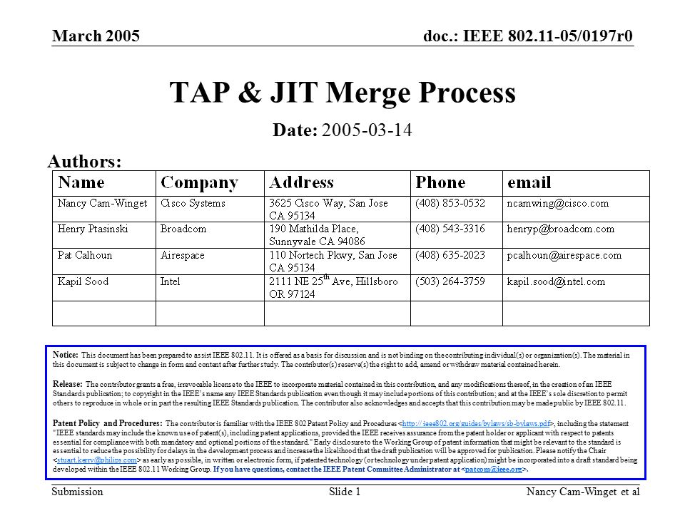 doc.: IEEE /0197r0 Submission March 2005 Nancy Cam-Winget et alSlide 1 TAP & JIT Merge Process Notice: This document has been prepared to assist IEEE