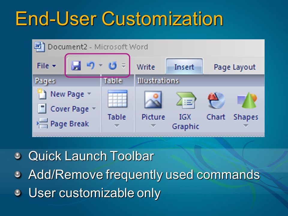 End-User Customization Quick Launch Toolbar Add/Remove frequently used commands User customizable only
