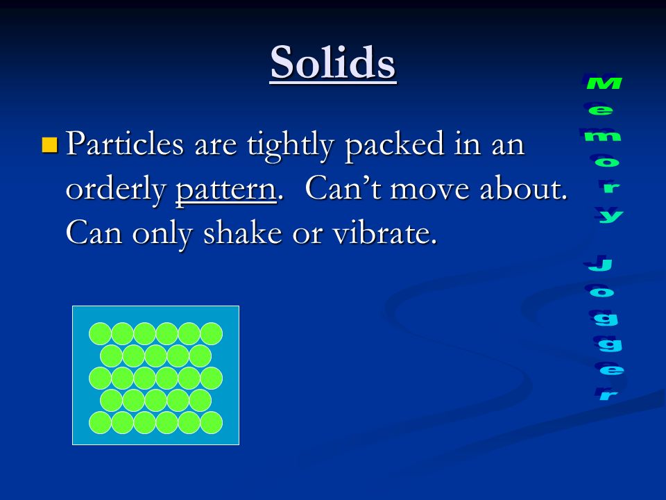 Solids Particles are tightly packed in an orderly pattern.