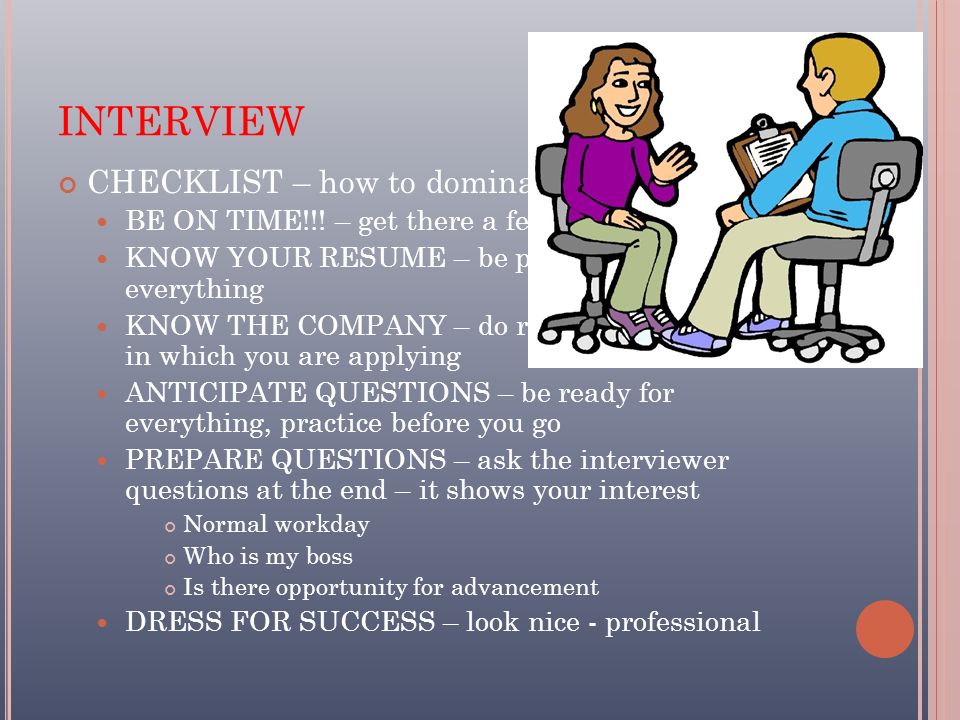 INTERVIEW CHECKLIST – how to dominate an interview BE ON TIME!!.