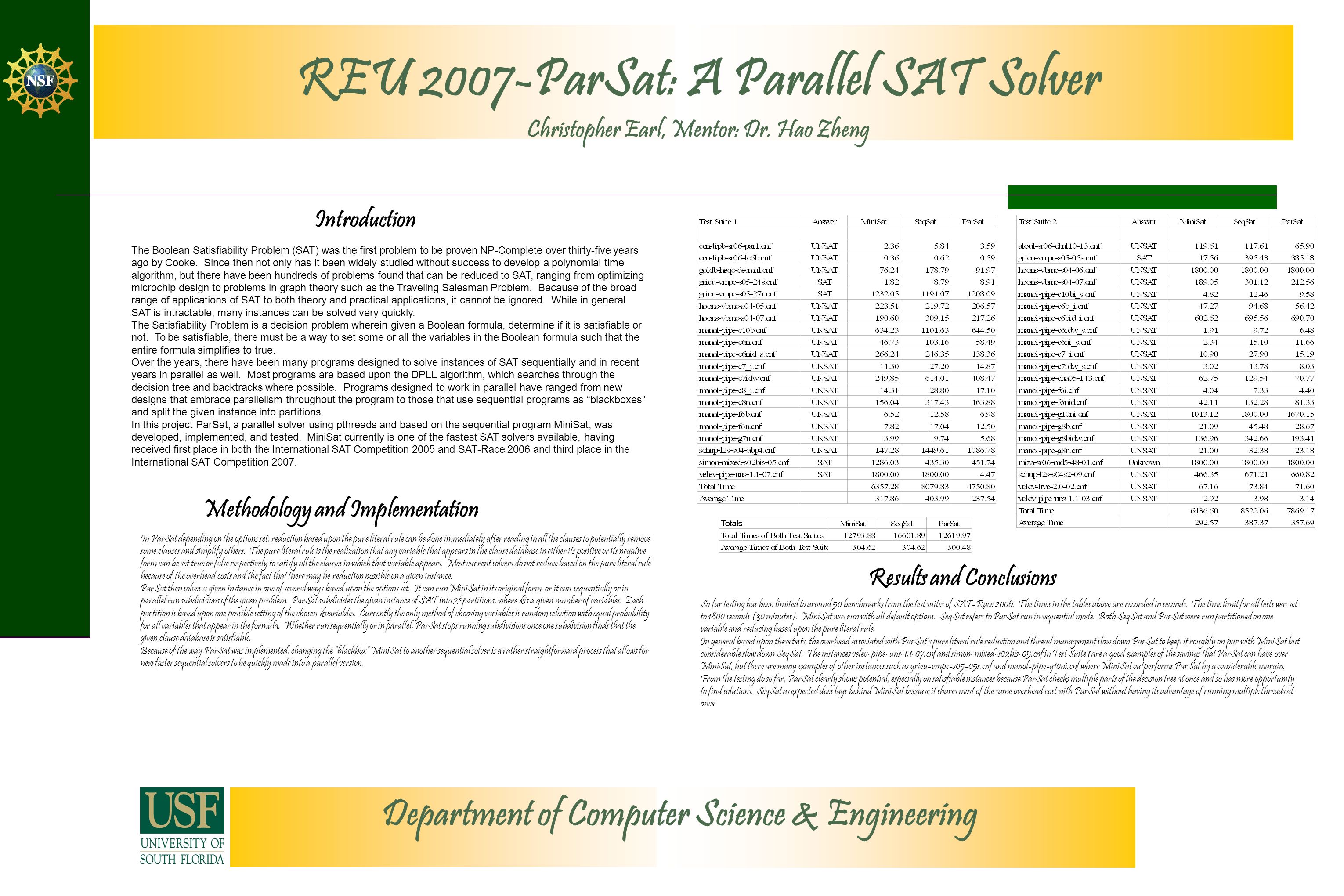 REU 2007-ParSat: A Parallel SAT Solver Christopher Earl, Mentor: Dr. Hao  Zheng Department of Computer Science & Engineering Introduction Results and  Conclusions. - ppt download