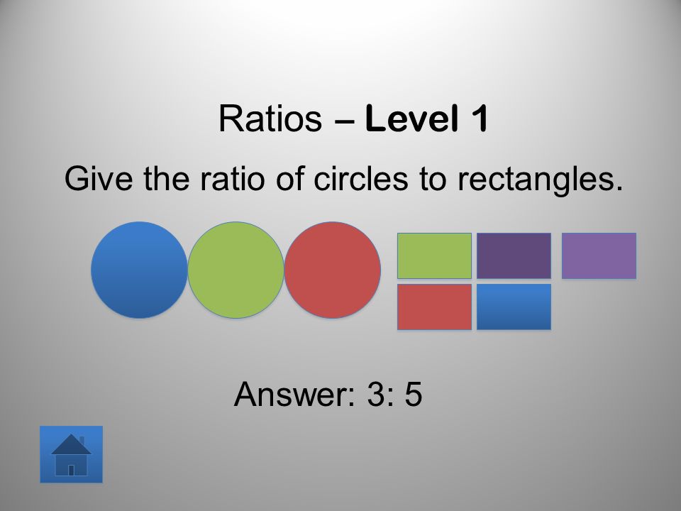 Ratios – Level 1 Give the ratio of circles to rectangles. Answer: 3: 5