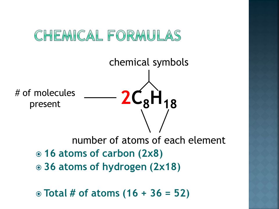 chemical symbols C 8 H 18 number of atoms of each element  8 atoms of carbon  18 atoms of hydrogen  Total # of atoms ( = 26)