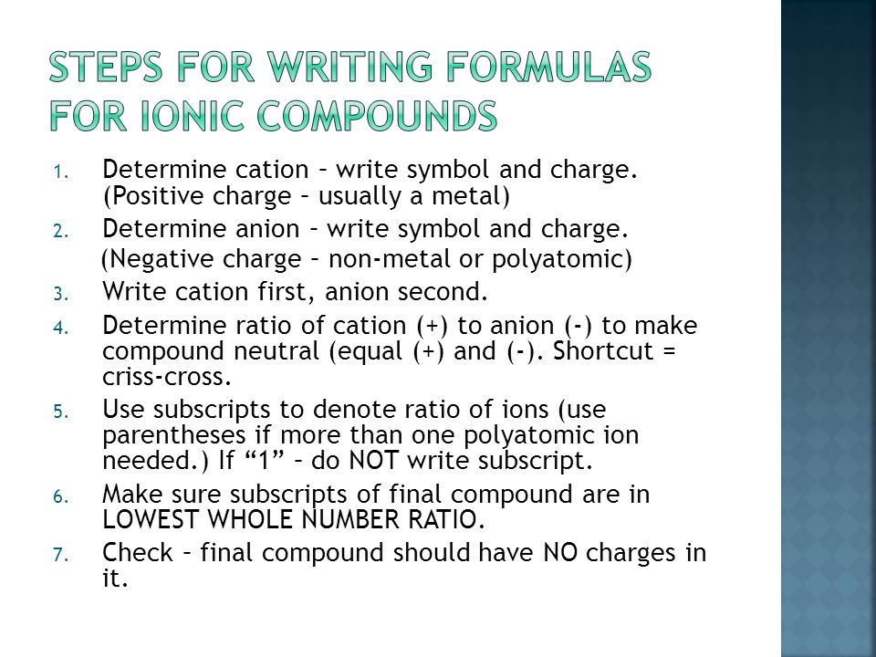  Ionic Compounds always made up of: Positively Charged Ion + Negatively Charged Ion CATION+ ANION  An ionic compound MUST be NEUTRAL:  Total positive charge = total negative charge