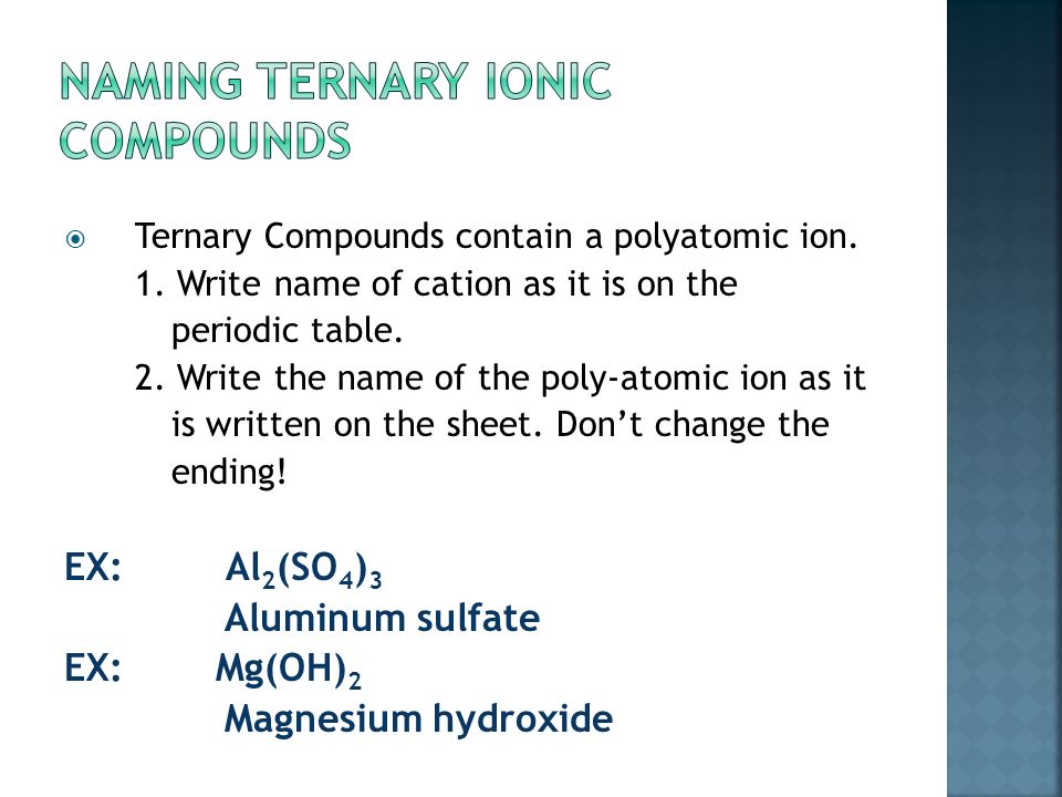  Learning Check……  Write the formulas for the following:  Potassium nitrite  Magnesium sulfate  Ammonium chloride  Sodium carbonate
