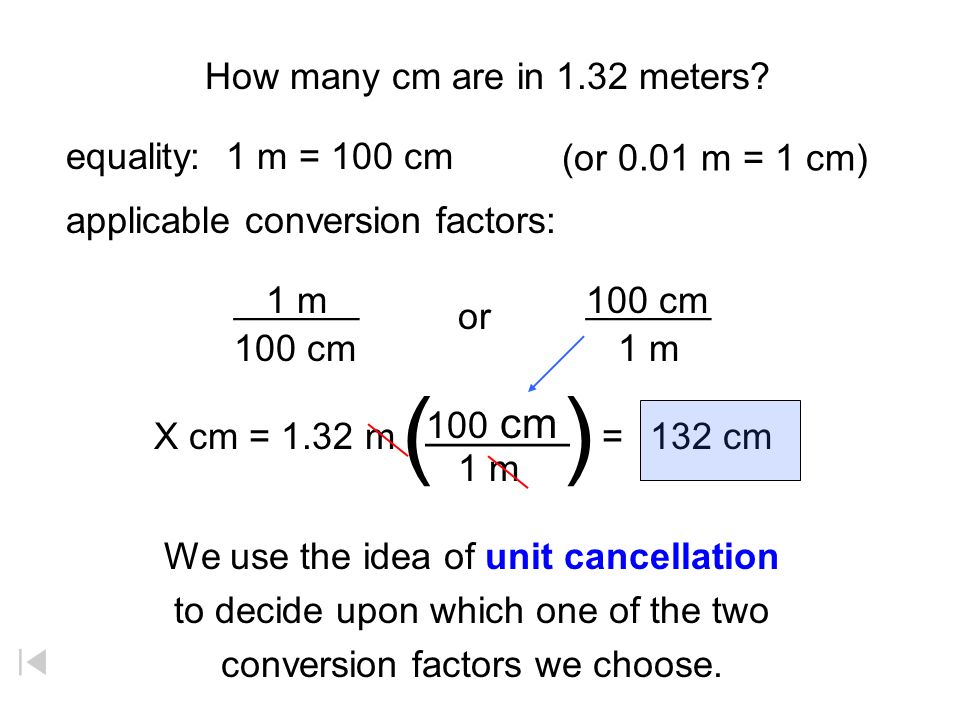 Conversion Factors And Unit Cancellation How Many Cm Are In 1 32 Meters Applicable Conversion Factors Equality Or X Cm 1 32 M 1 M 100 Cm 1 Ppt Download
