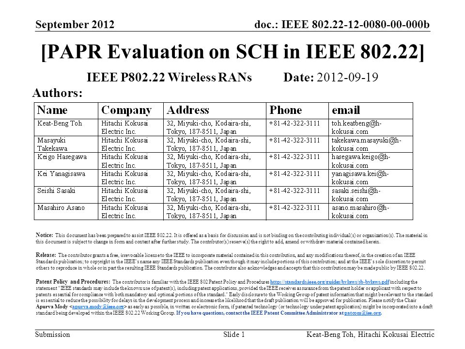 doc.: IEEE b Submission September 2012 Keat-Beng Toh, Hitachi Kokusai ElectricSlide 1 [PAPR Evaluation on SCH in IEEE ] IEEE P Wireless RANs Date: Authors: Notice: This document has been prepared to assist IEEE