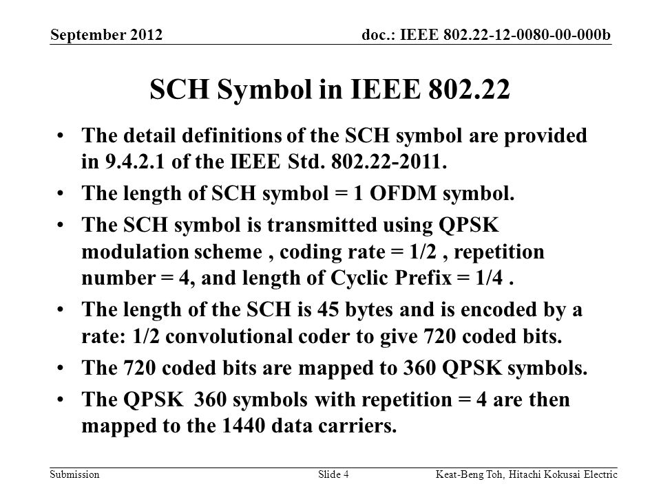 doc.: IEEE b Submission SCH Symbol in IEEE September 2012 Keat-Beng Toh, Hitachi Kokusai ElectricSlide 4 The detail definitions of the SCH symbol are provided in of the IEEE Std.
