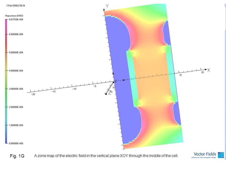 Fig. 1G A zone map of the electric field in the vertical plane XOY through the middle of the cell.