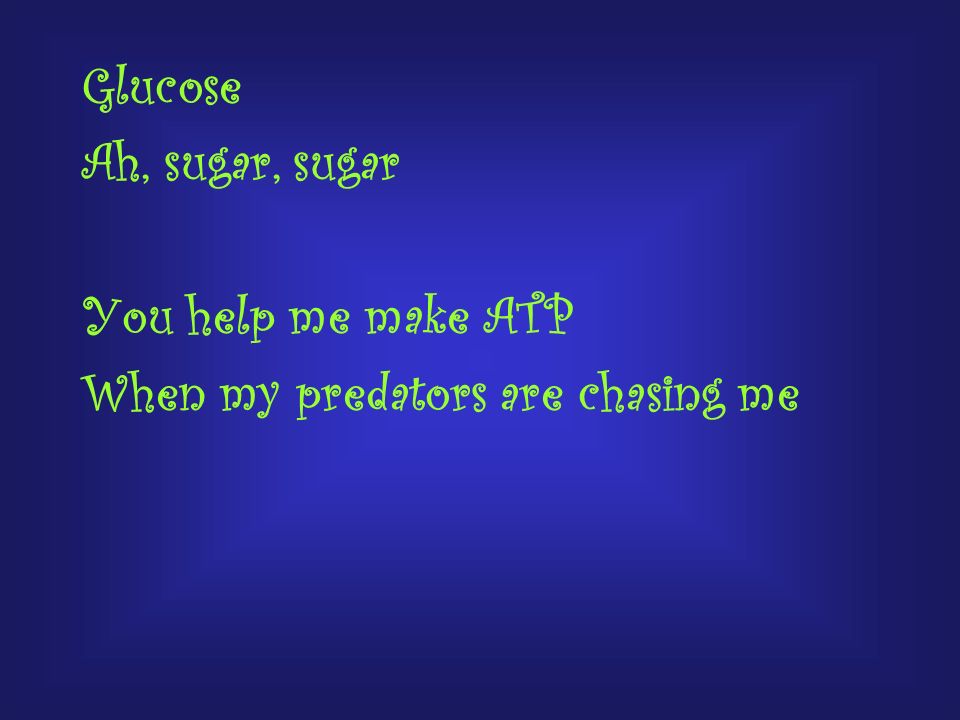 Glucose Ah, sugar, sugar You help me make ATP When my predators are chasing me