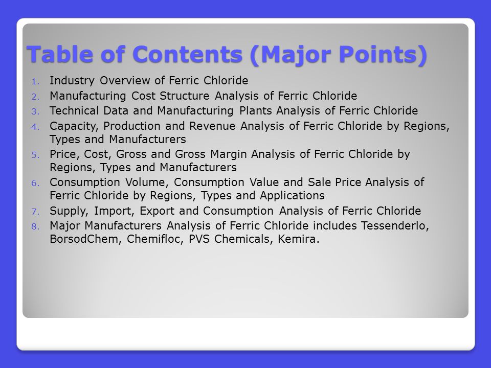 Table of Contents (Major Points) 1. Industry Overview of Ferric Chloride 2.