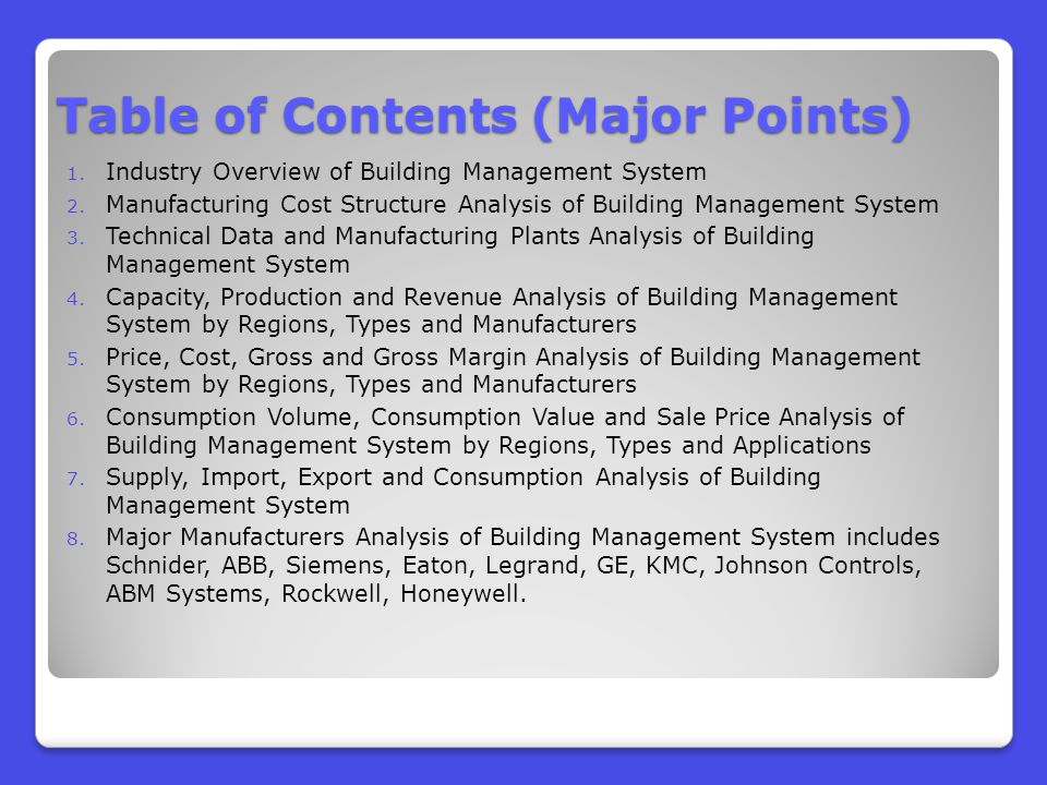 Table of Contents (Major Points) 1. Industry Overview of Building Management System 2.