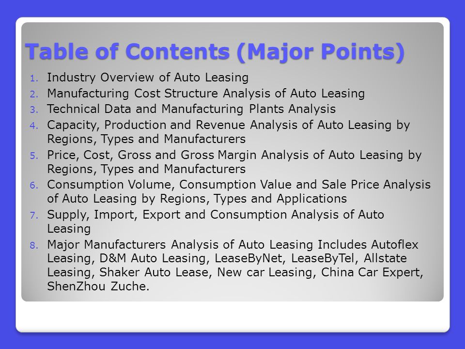 Table of Contents (Major Points) 1. Industry Overview of Auto Leasing 2.