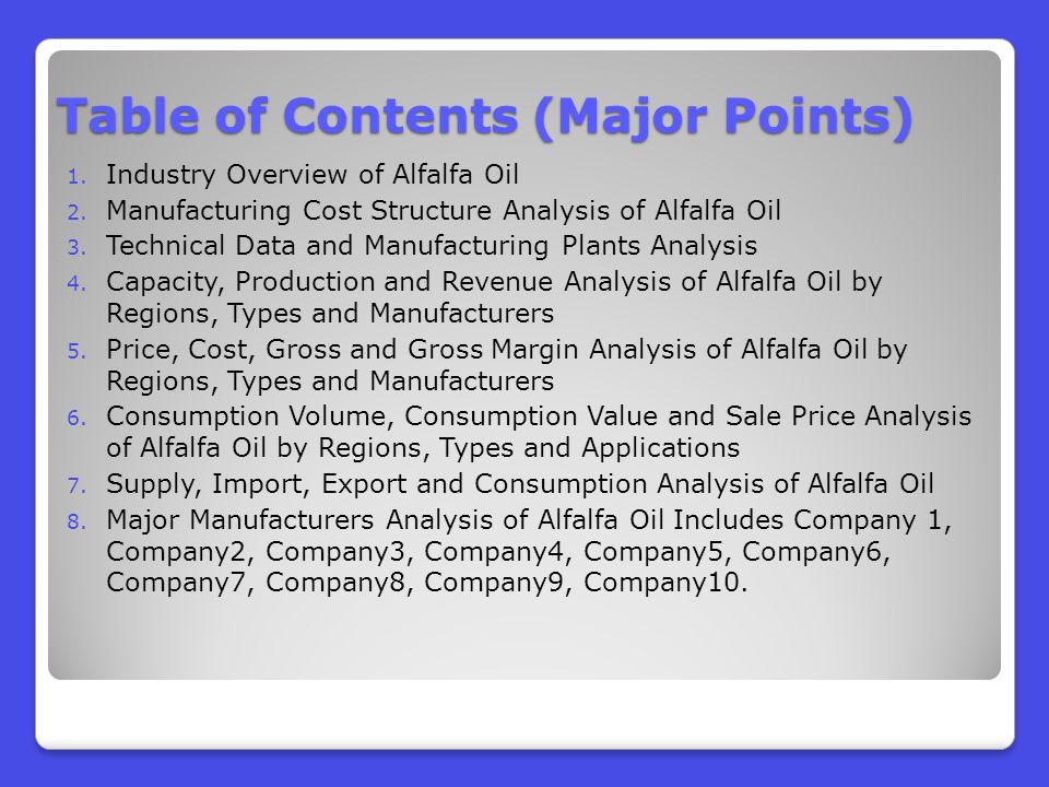 Table of Contents (Major Points) 1. Industry Overview of Alfalfa Oil 2.