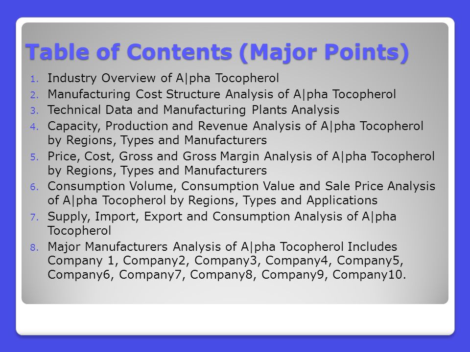 Table of Contents (Major Points) 1. Industry Overview of A|pha Tocopherol 2.