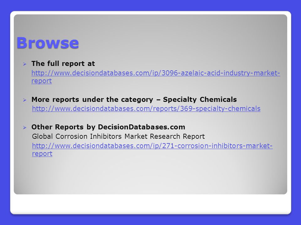 Browse  The full report at   report  More reports under the category – Specialty Chemicals    Other Reports by DecisionDatabases.com ​ Global Corrosion Inhibitors Market Research Report   report