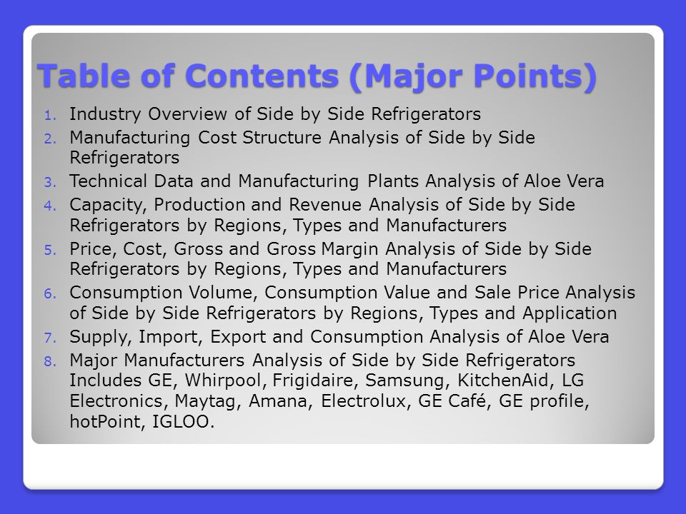 Table of Contents (Major Points) 1. Industry Overview of Side by Side Refrigerators 2.