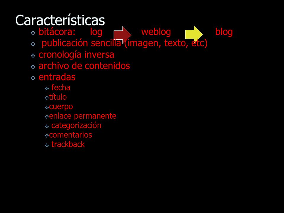 Características ❖ bitácora: log weblog blog ❖ publicación sencilla (imagen, texto, etc) ❖ cronología inversa ❖ archivo de contenidos ❖ entradas ❖ fecha ❖ título ❖ cuerpo ❖ enlace permanente ❖ categorización ❖ comentarios ❖ trackback