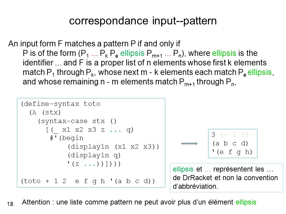 correspondance input--pattern 18 An input form F matches a pattern P if and only if P is of the form (P 1...
