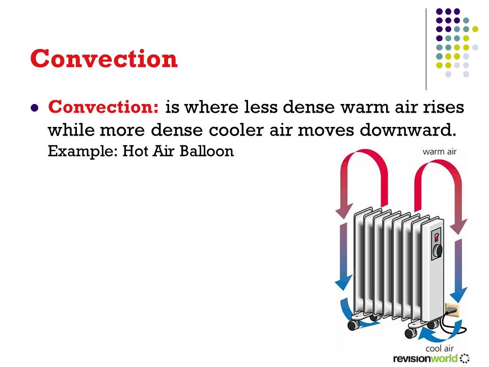 Convection Convection: is where less dense warm air rises while more dense cooler air moves downward.