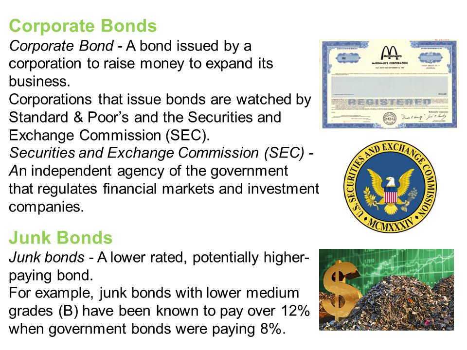 Corporate Bonds Corporate Bond - A bond issued by a corporation to raise money to expand its business.